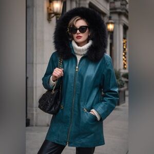 Vintage Jacqueline Ferrar Teal Leather Coat with Fox Fur Hood 80s Jacket